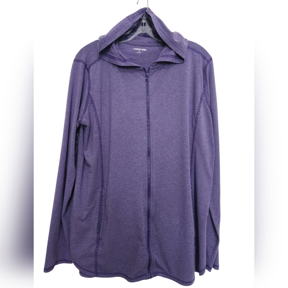 Lands’ End lightweight Purple Full Zip 2 Pockets Hoodie Micro Stripes SZ  L